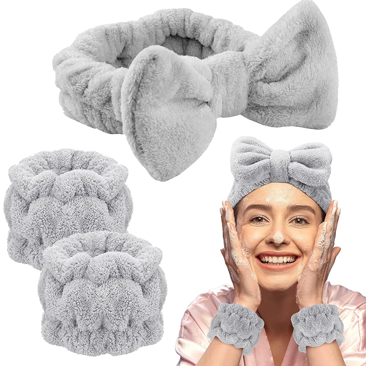 MAYCREATE Spa Headband & Wristband Set for Washing Face, Soft Makeup Bowknot Headband for Women Girls, Super Absorbent Flannel Sweat Wrist Band Towel for Face Wash, Yoga, Fitness (Grey) MAYCREATE Spa Headband & Wristband Set for Washing Face, Soft Makeup Bowknot Headband for Women Girls, Super Absorbent Flannel Sweat Wrist Band Towel for Face Wash, Yoga, Fitness (Grey)